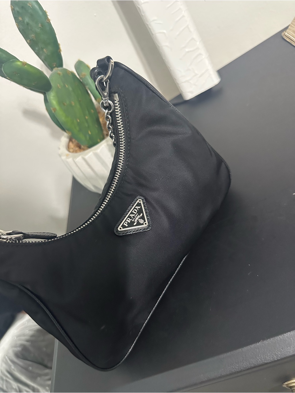 Authentic Prada Black Nylon Shoulder Hobo With Silver Hardware